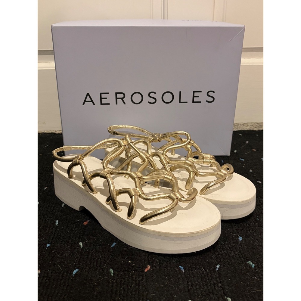 Aerosoles Chaya Metallic Gold Leather Cage Platform Slingback Sandals Womens 9M